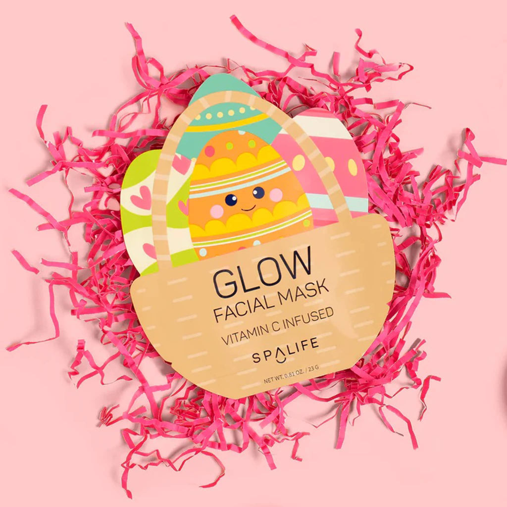 SpaLife Glow Facial Mask in pouch packaging with illustration of colorful Easter eggs in a basket.