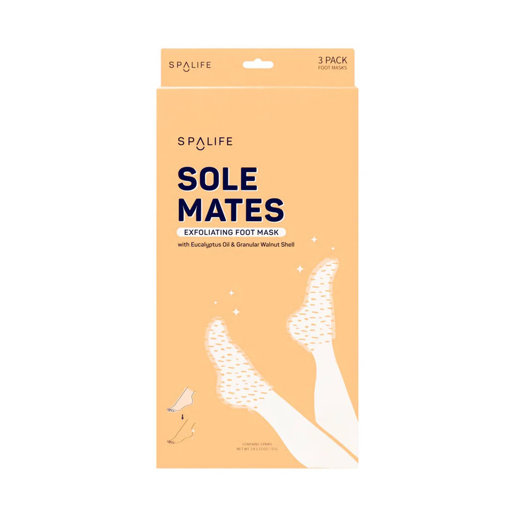 SpaLife Sole Mates Exfoliating Foot Mask in yellow orange box packaging, front view.