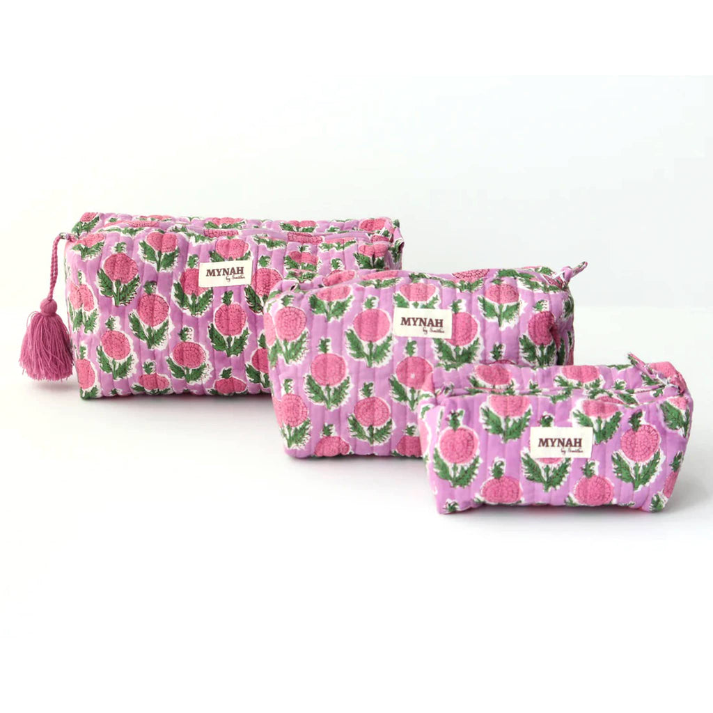 MYNAH by Smitha Berry Smoothie print large, medium and small quilted travel makeup pouches.