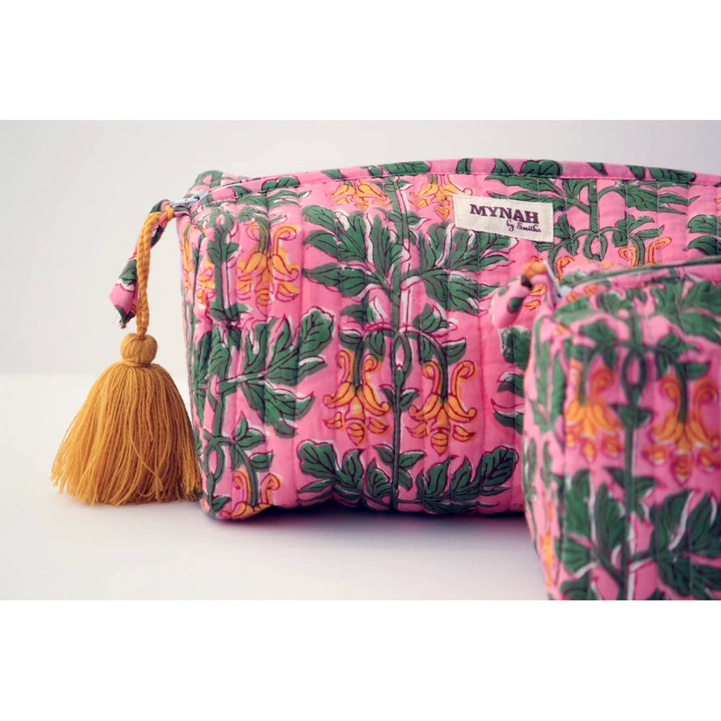 MYNAH by Smitha Bubblegum Forest print large quilted travel makeup pouch.