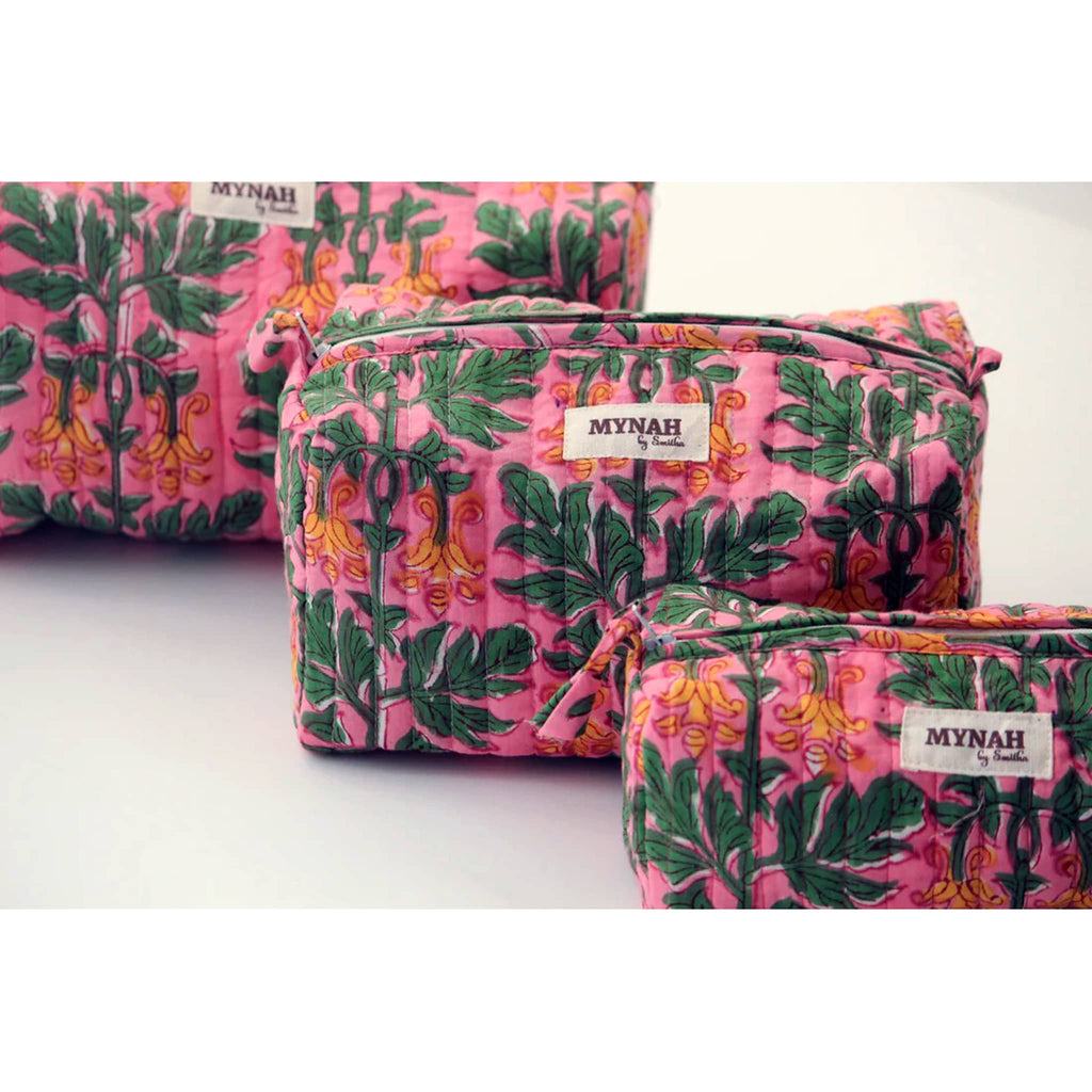 MYNAH by Smitha Bubblegum Forest print medium quilted travel makeup pouch.