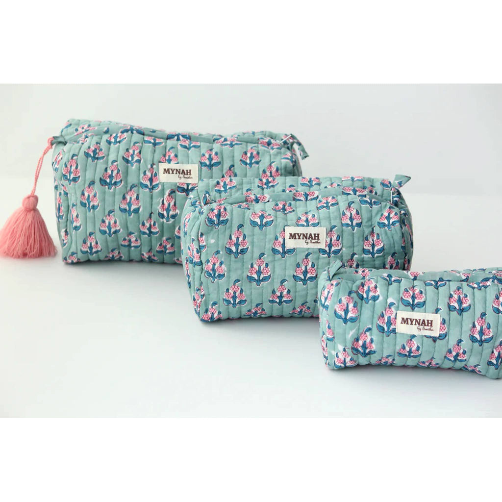 MYNAH by Smitha Eucalyptus print large, medium and small quilted travel makeup pouches, front view.