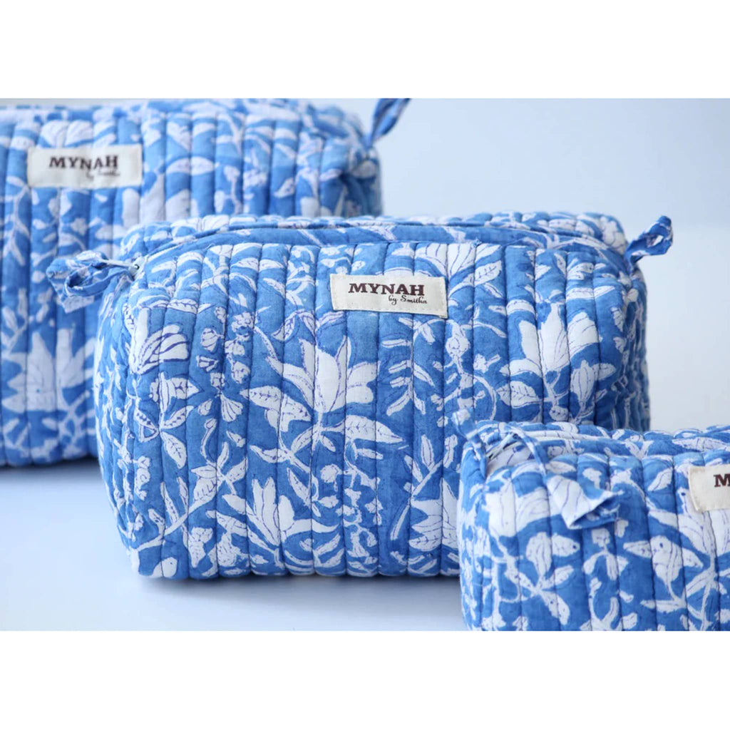 MYNAH by Smitha Old Blue Floral print lmedium quilted travel makeup pouch, front view.