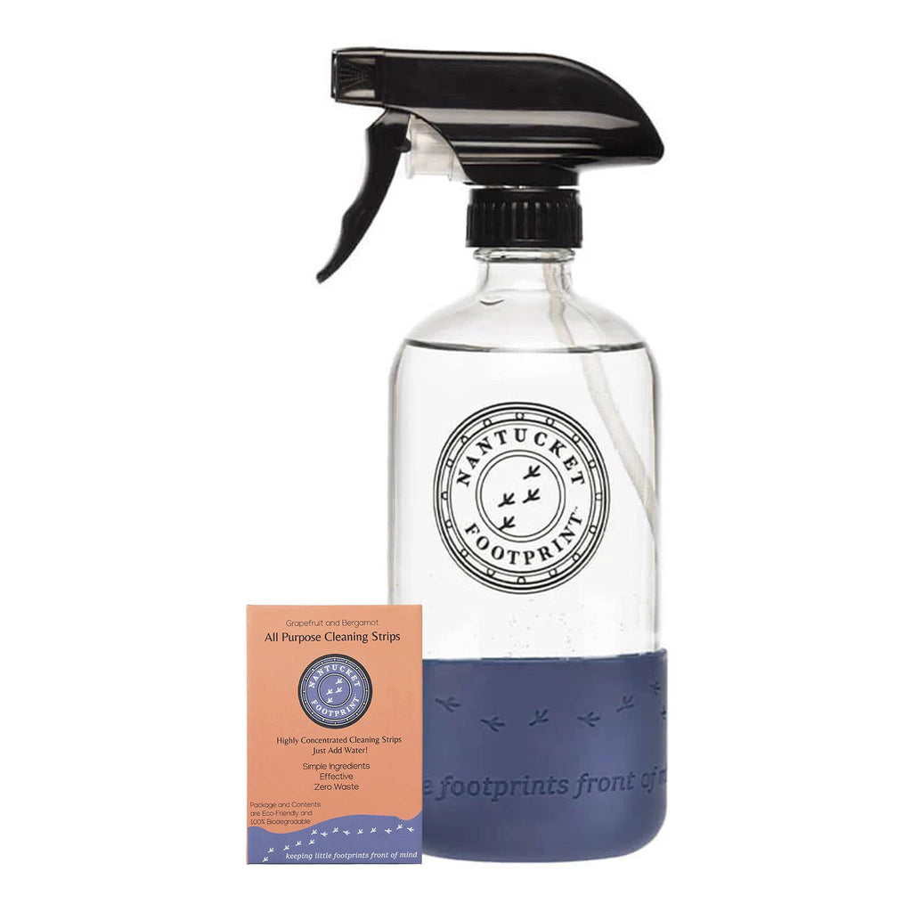 Nantucket Footprint 16 ounce glass spray bottle with navy silicone base with 2 pack of included all-purpose cleaning strips.