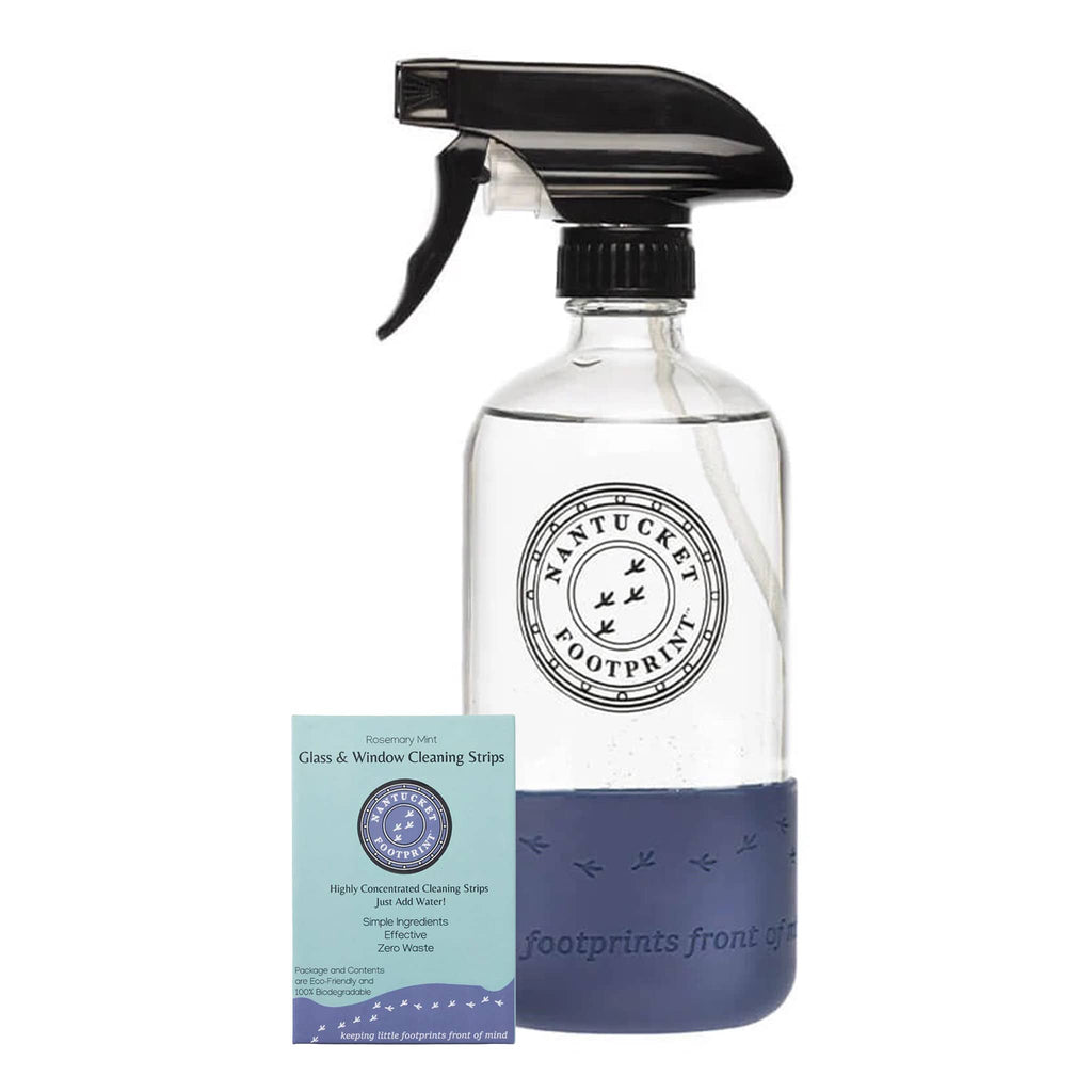 Nantucket Footprint 16 ounce glass spray bottle with navy silicone base with 2 pack of included glass and window cleaning strips.