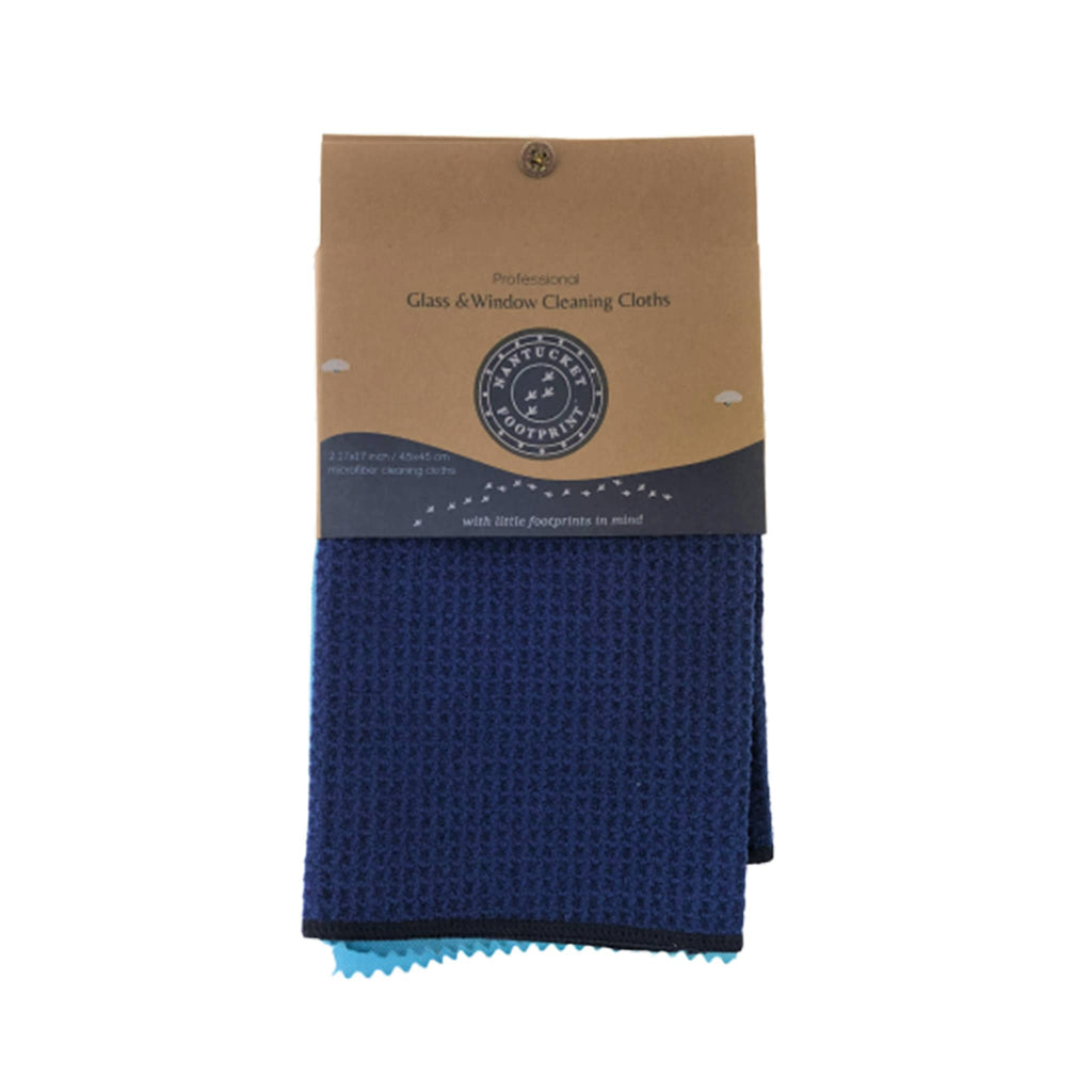 Nantucket Footprint Glass and Window Cleaning Cloth Set with navy waffle cleaning and blue ultrafine polishing cloth in packaging.