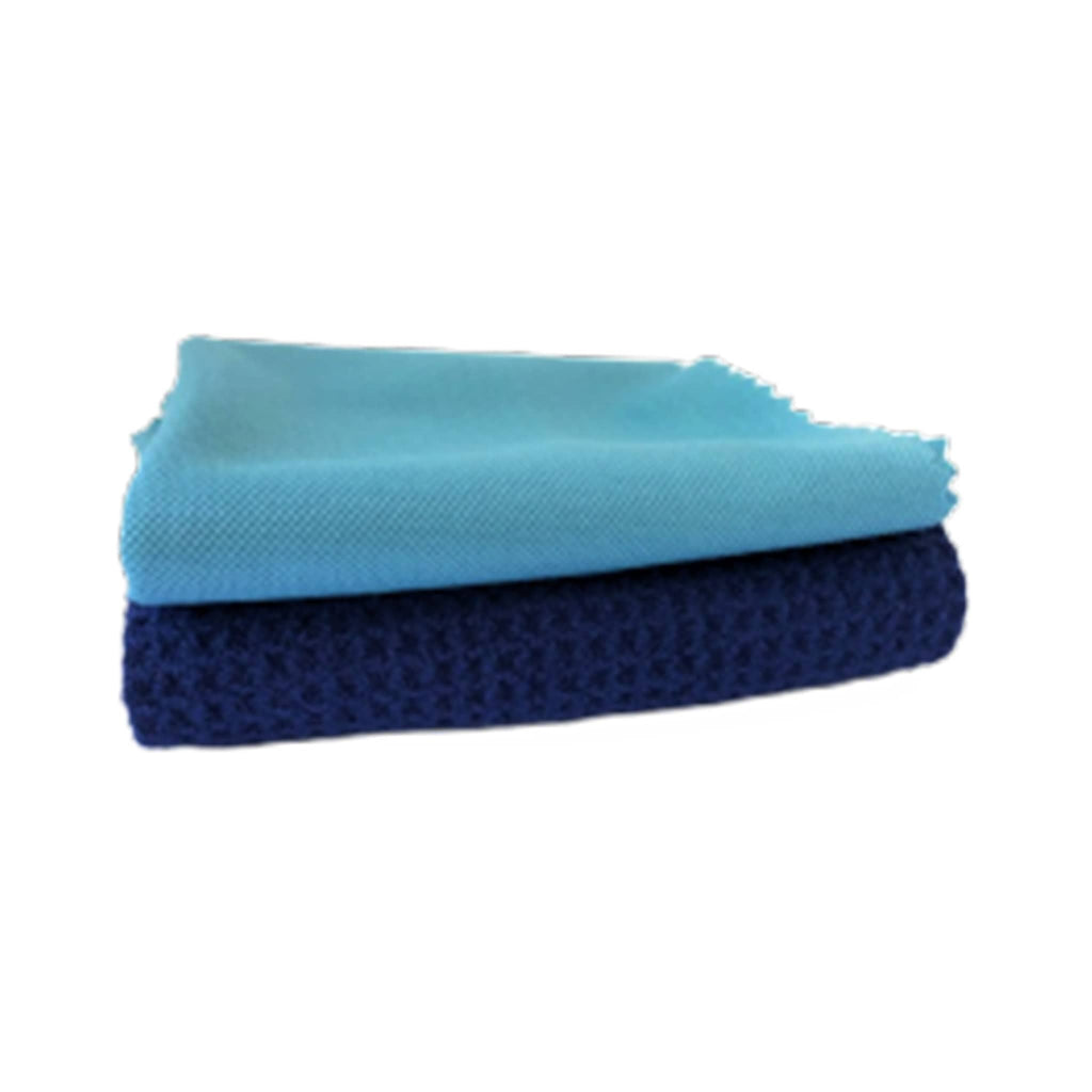 Nantucket Footprint Glass and Window Cleaning Cloth Set with navy waffle cleaning and blue ultrafine polishing cloth, stacked.