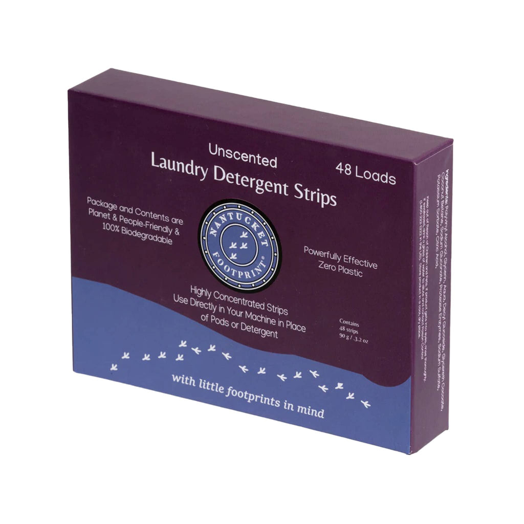 Nantucket Footprint Unscented highly concentrated laundry detergent strips in purple box packaging, front view.