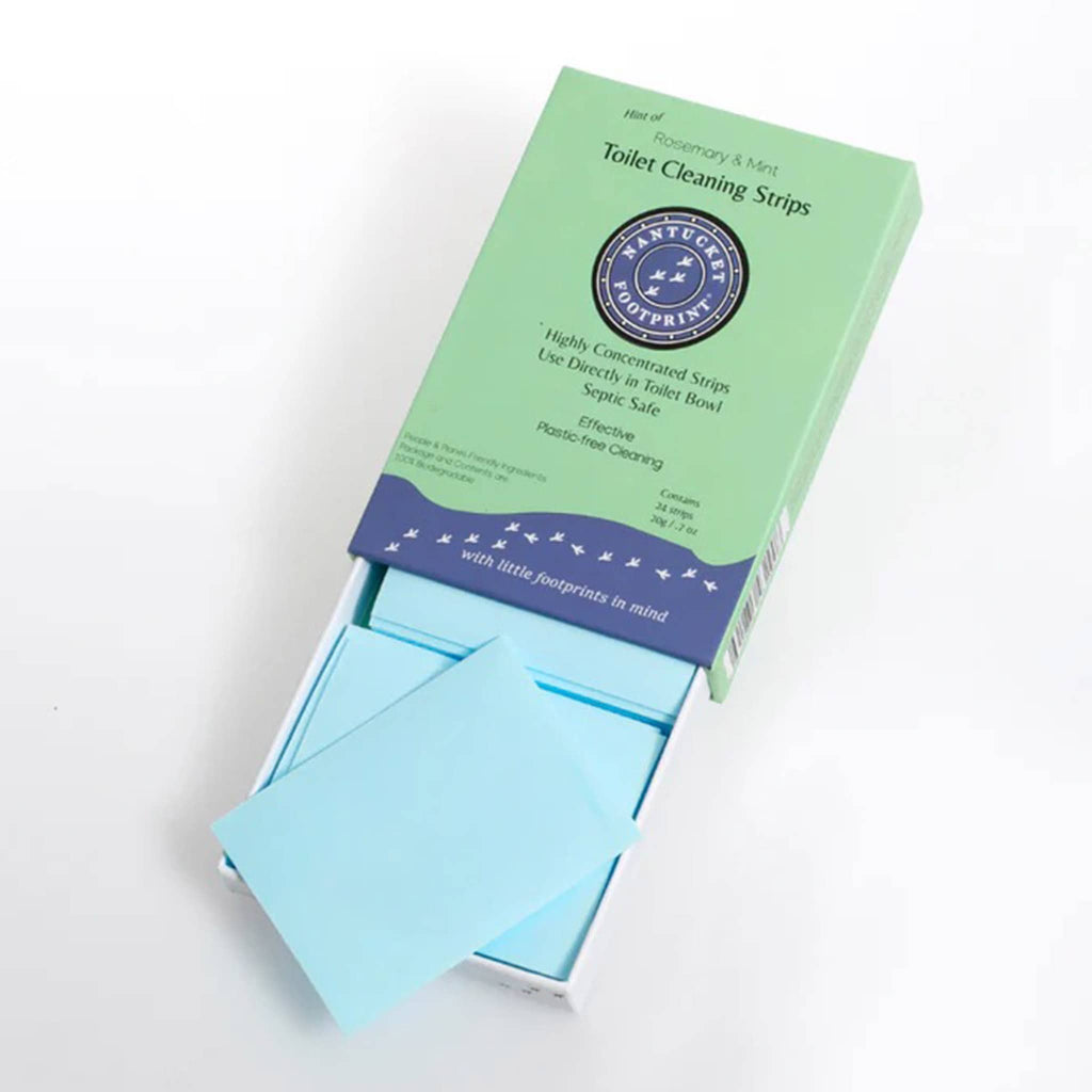 Nantucket Footprint Rosemary and Mint highly concentrated toilet cleaner strips in green box packaging, front view with drawer pulled out and blue sheet showing.