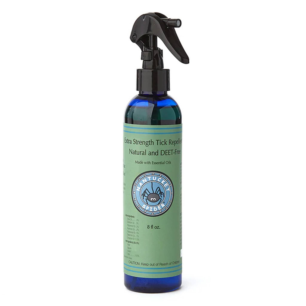 Nantucket Spider 8 ounce natural extra strength tick repellent spray in blue spray bottle with green label.