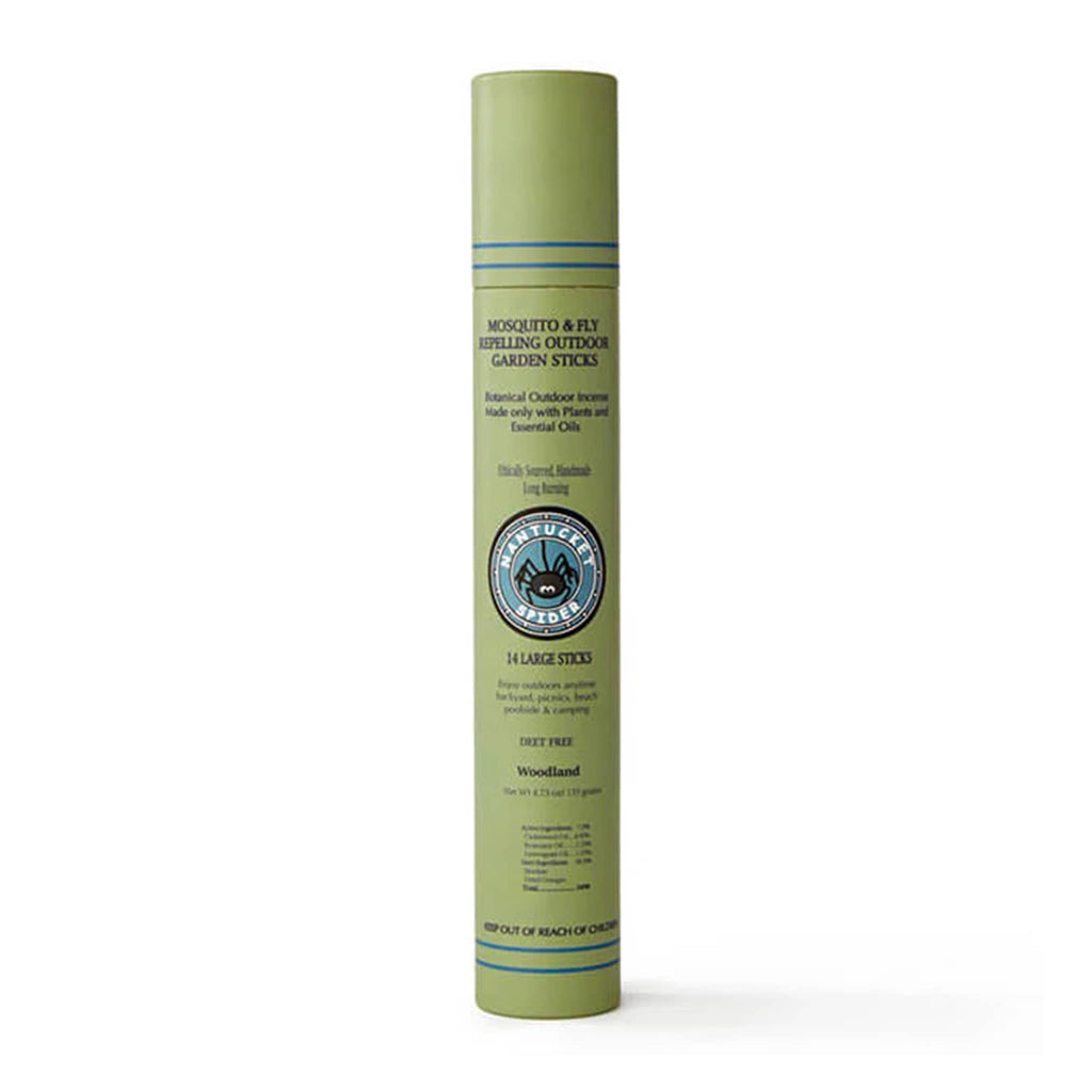 Nantucket Spider Woodland scented mosquito and fly repelling outdoor garden incense sticks in green tube packaging.