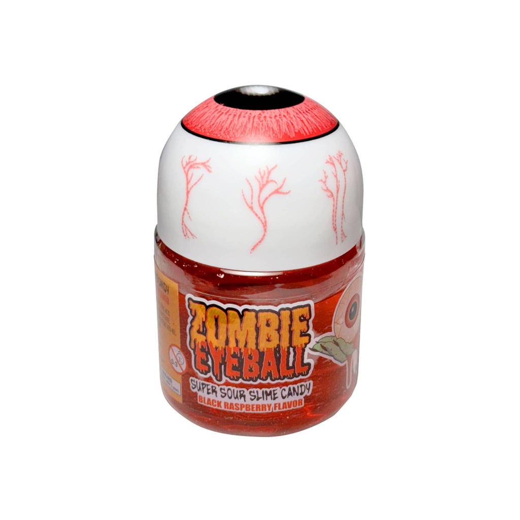 Jar of Zombie Eyeball candy slime with red and white design on a white background.