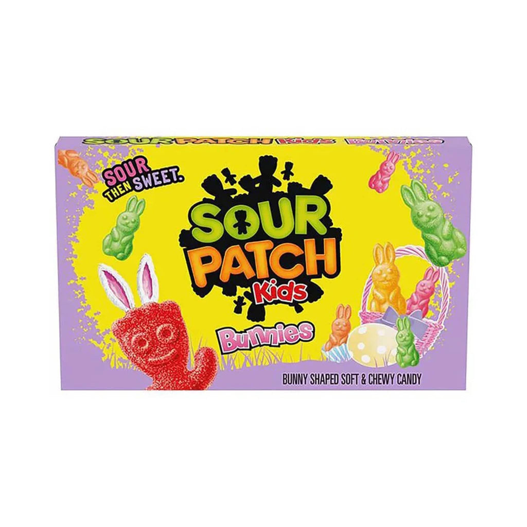 Nassau Candy Sour Patch Kids Bunnies gummy candy in theater box packaging, front view.