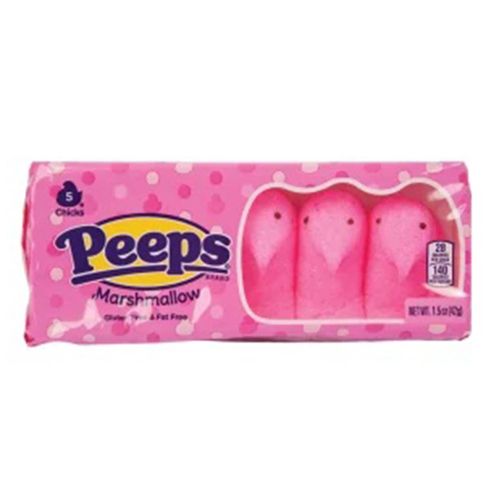 Nassau Candy Pink Peep Marshmallow Chicks candy in pink sleeve, pack of 5.