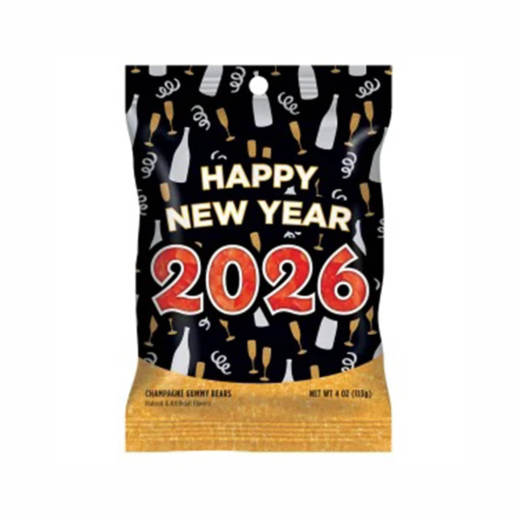 Packaging of champagne flavored gummy bears with 'Happy New Year 2026' text on a black background.
