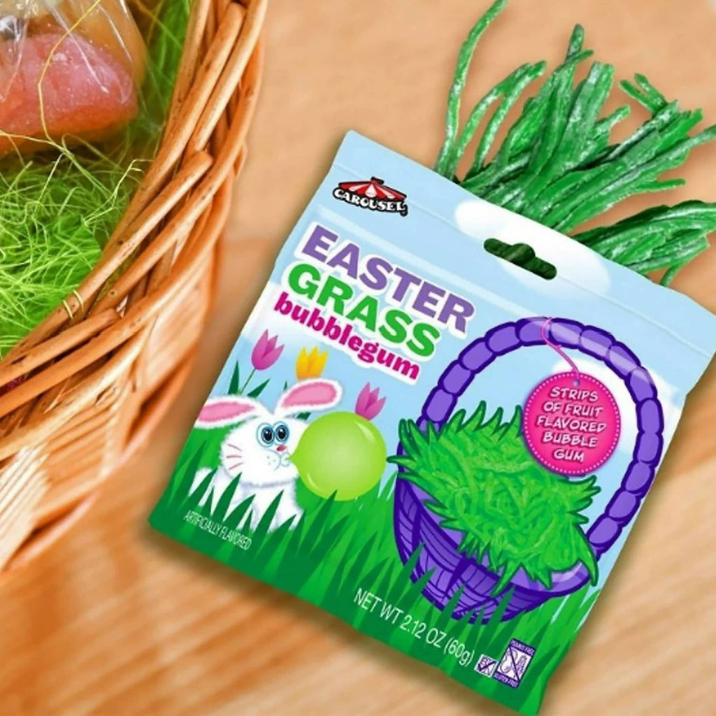 Nassau Candy Carousel Easter Grass fruit flavored bubble gum strips in pouch packaging, lying down with green strips coming out of the top.