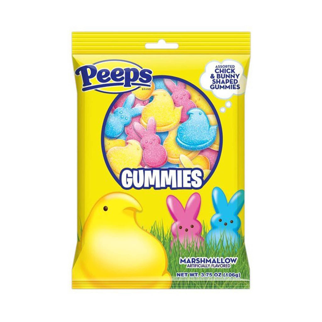 Nassau Candy Peeps Marshmallow flavored gummies in chick and bunny shapes, in pouch packaging, front view.