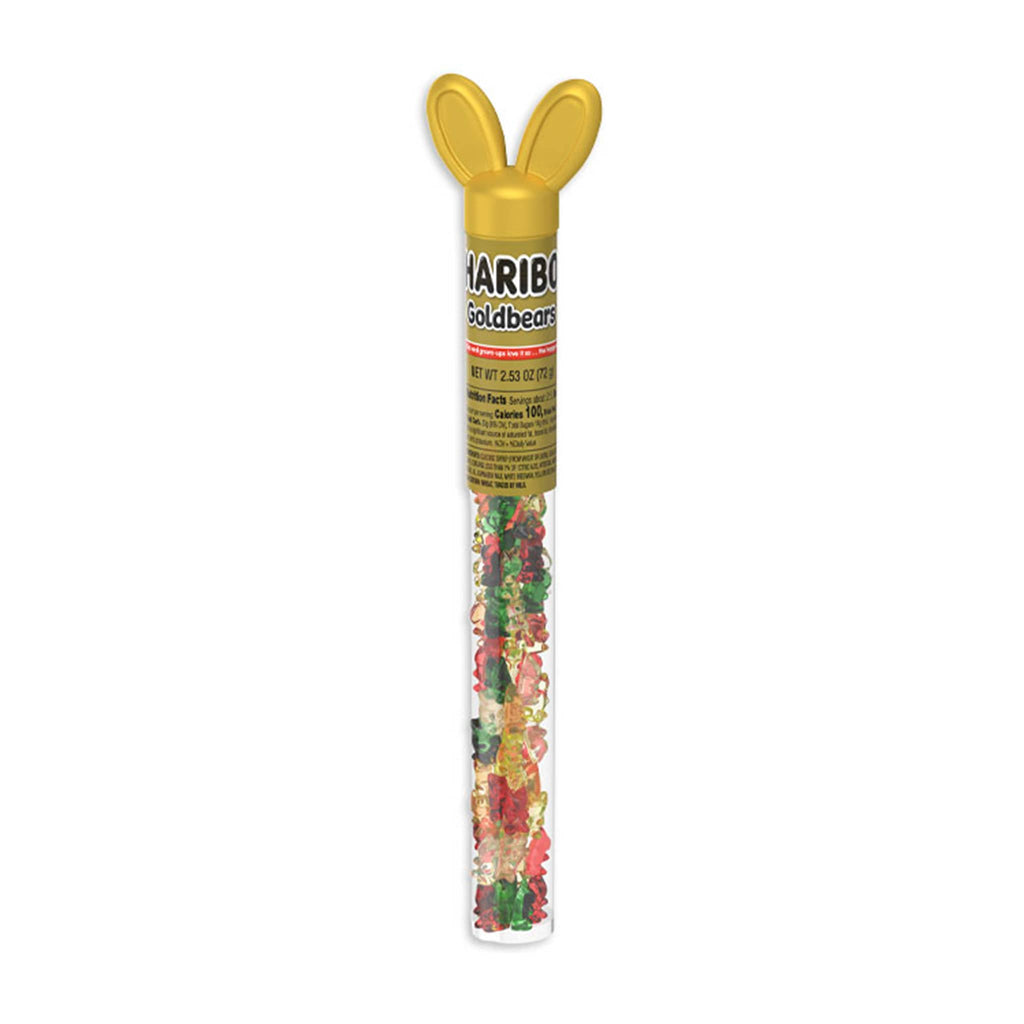 Nassau Candy Haribo Goldbears gummi bears in easter themed tube with bunny ears.