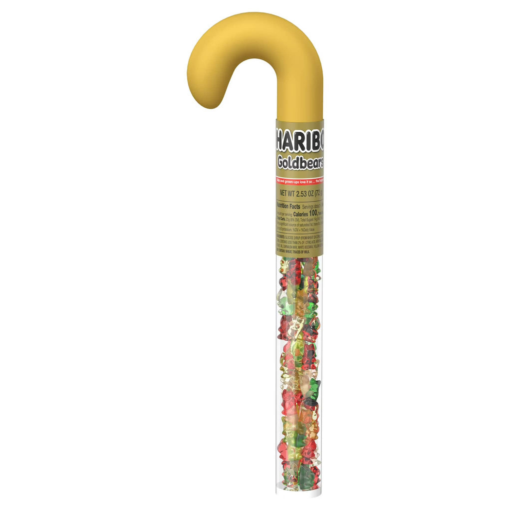 Haribo Goldbears candy stick with yellow handle on a white background.