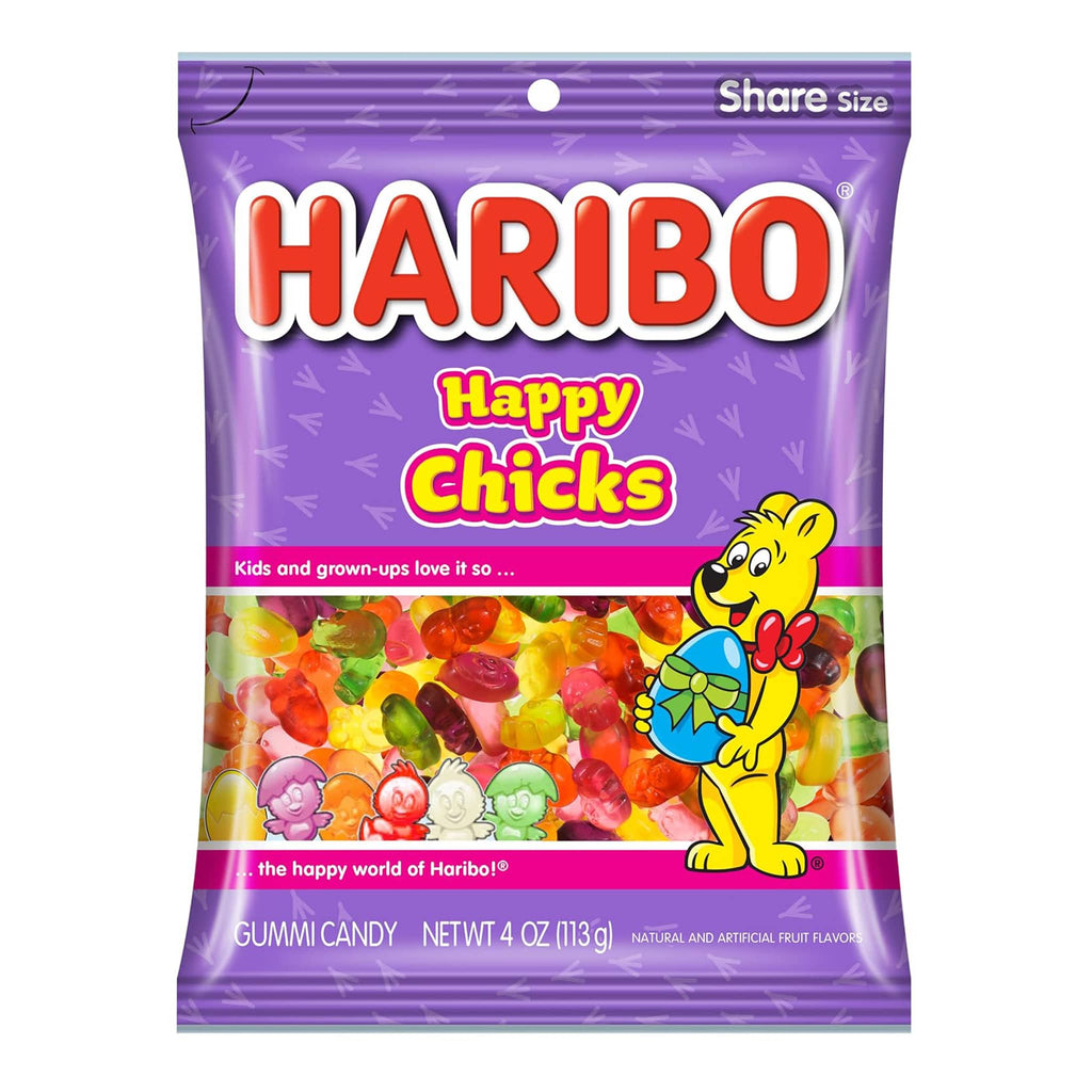 Nassau Candy Haribo Happy Chicks gummi candy in purple pouch packaging, front view.