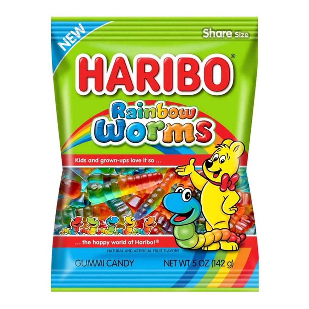 Nassau Candy Haribo Rainbow Worms gummi candy in pouch packaging, front view.