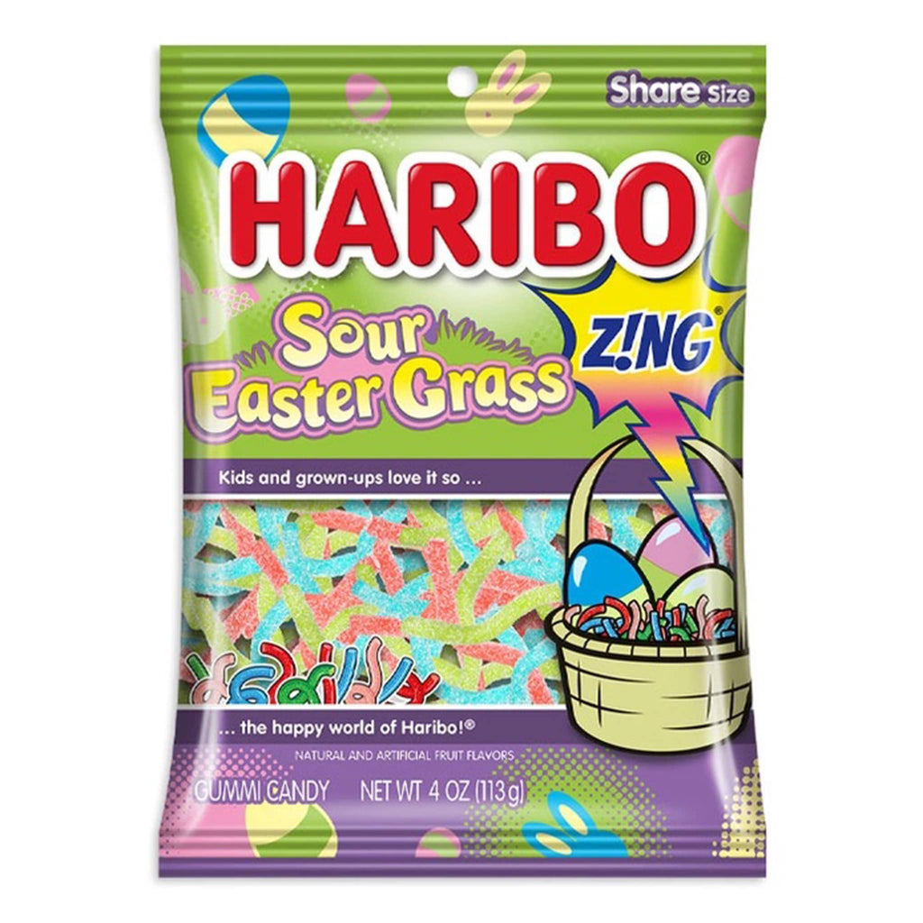 Nassau Candy Haribo Sour Easter Grass in pouch packaging, front view.