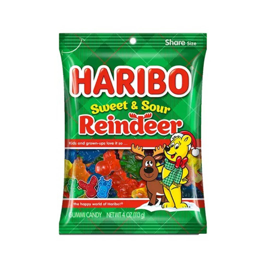 Haribo Sweet & Sour Reindeer gummy candy package on a white background.