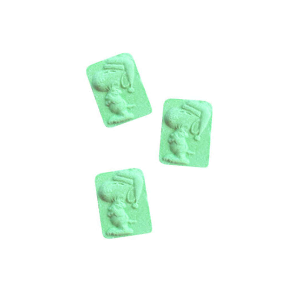 Three sour green apple candies, rectangular shaped with Snoopy and Woodstock, on a white background.