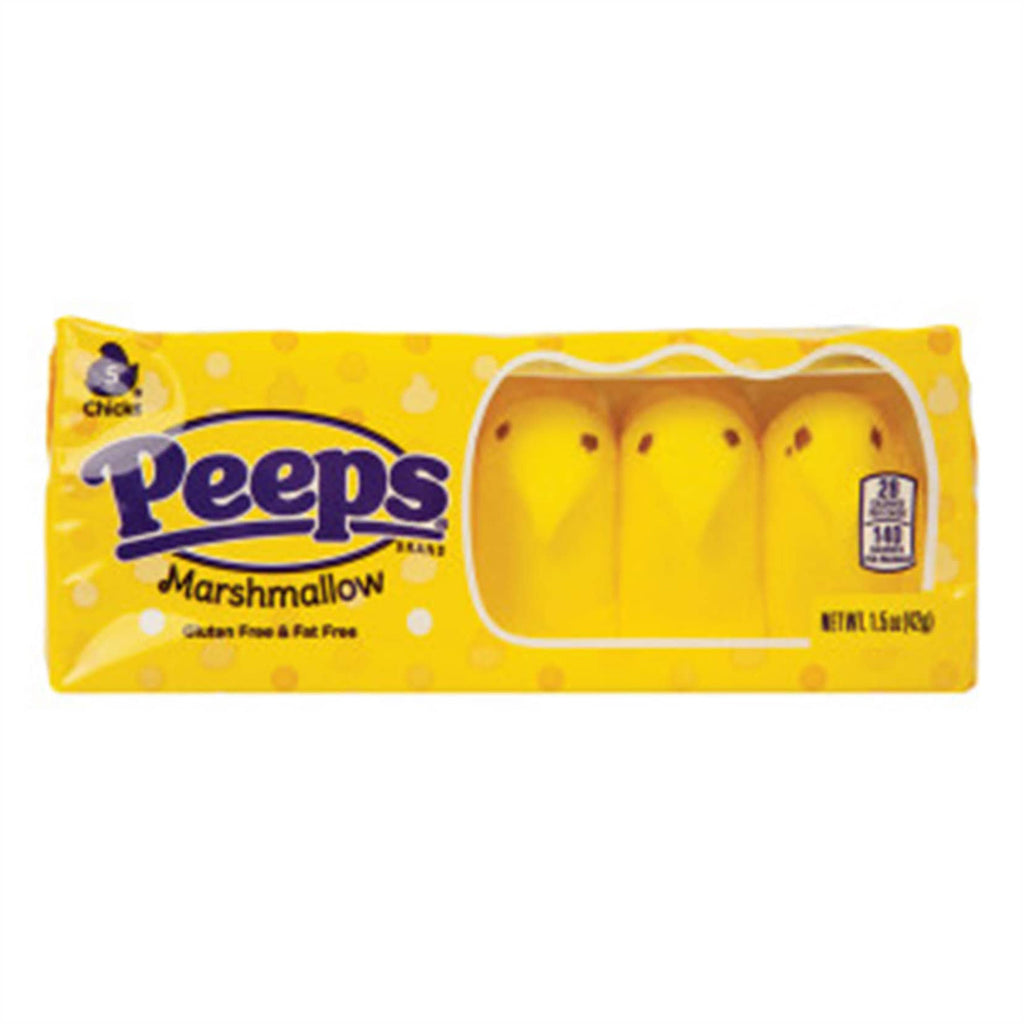 Nassau Candy Peeps Marshmallow Chicks, pack of 5 in packaging, front view.