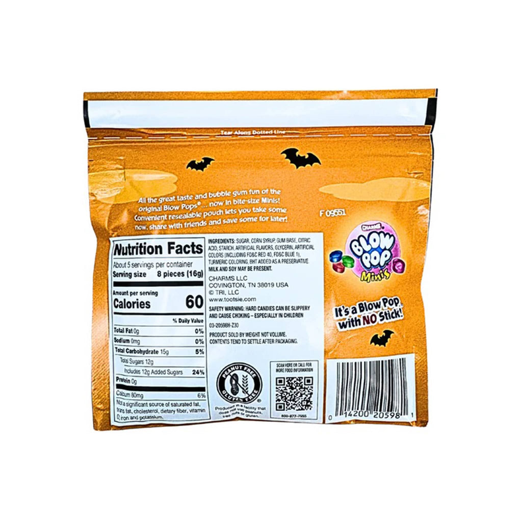 Blow Pop Minis orange packaging with nutrition facts label on a white background.