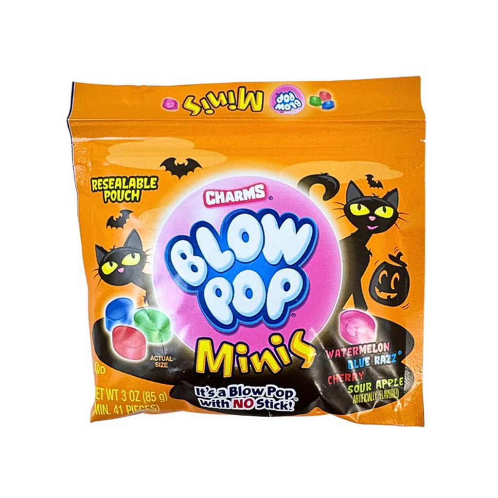 Packaging of Charms Blow Pop Minis with black cat illustrations on an orange background, front view, on a white background.