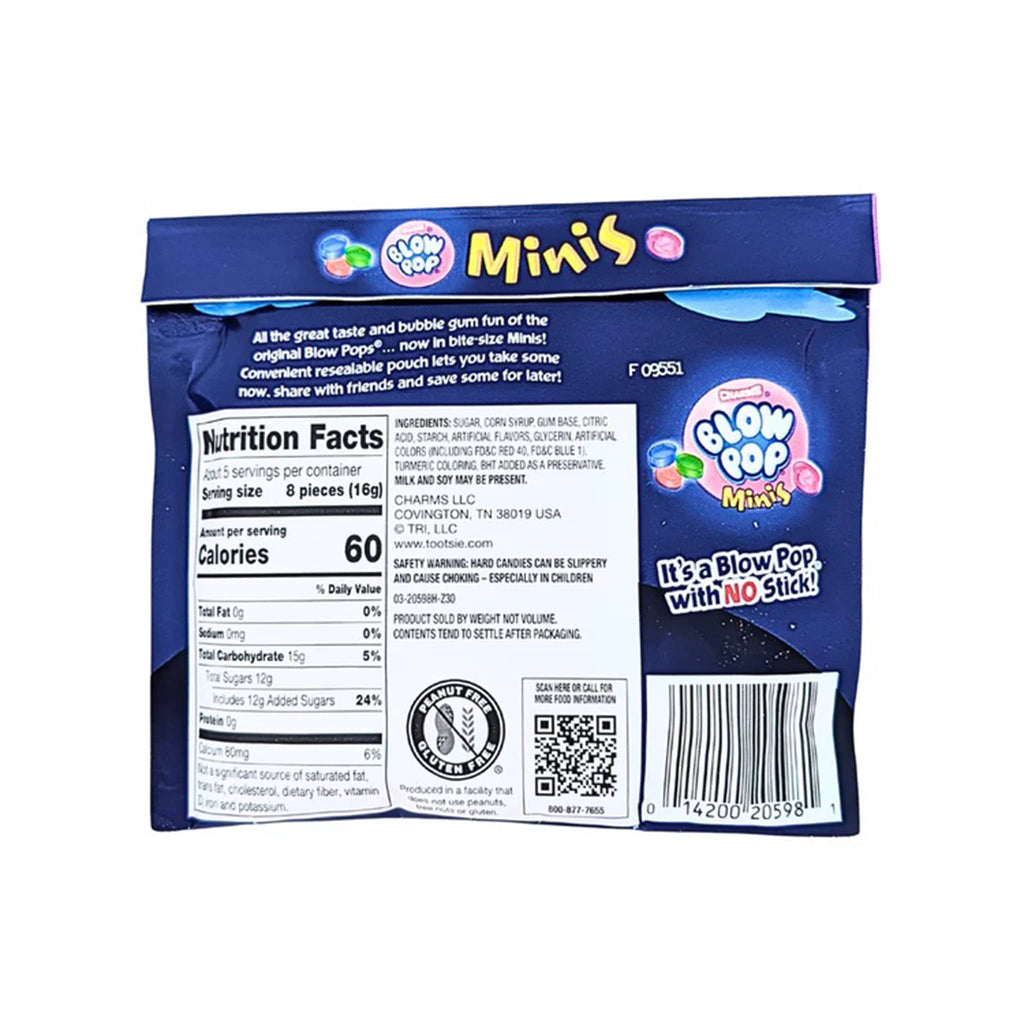 Blow Pop Minis blue packaging with nutrition facts label on a white background.
