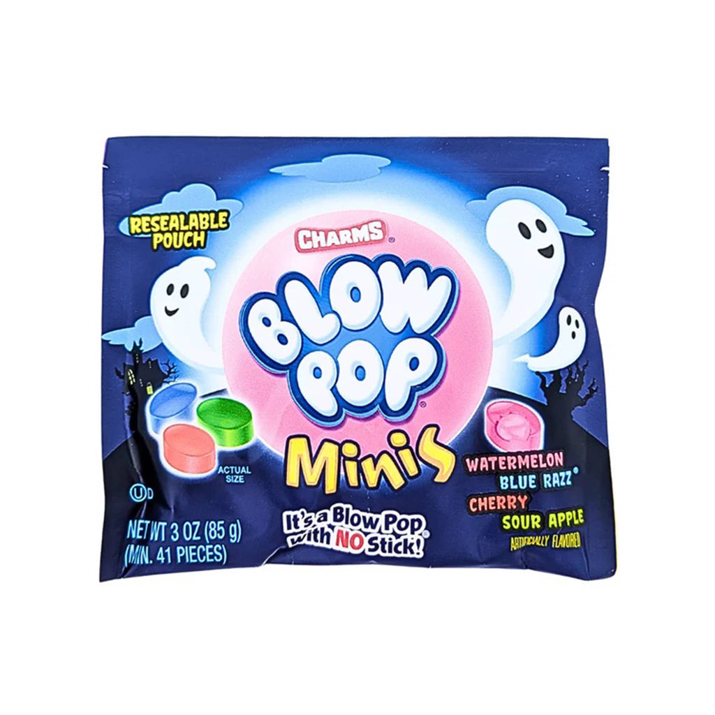 Packaging of Charms Blow Pop Minis with ghost illustrations on a blue background, front view, on a white background.