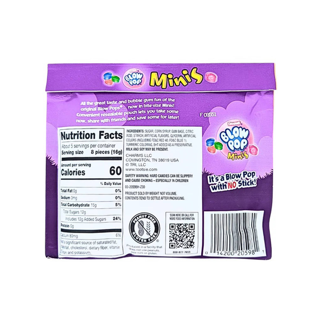 Blow Pop Minis purple packaging with nutrition facts label on a white background.