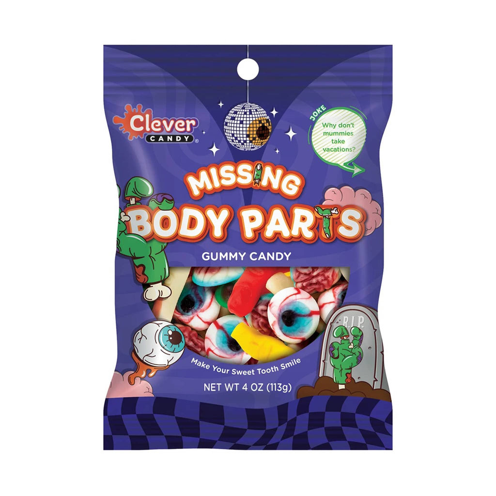 Package of 'Missing Body Parts' gummy candy with colorful design on a white background.
