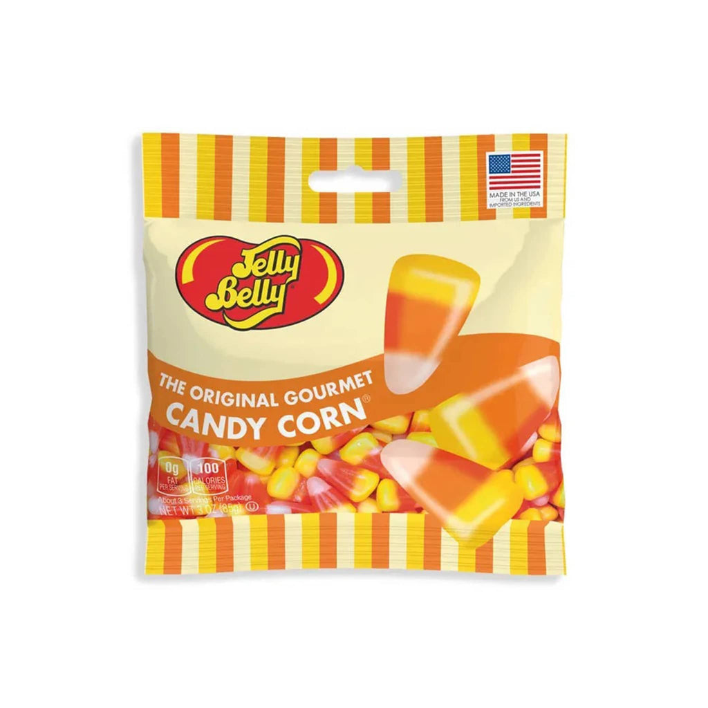 Jelly Belly candy corn 3 ounce package on a white background.