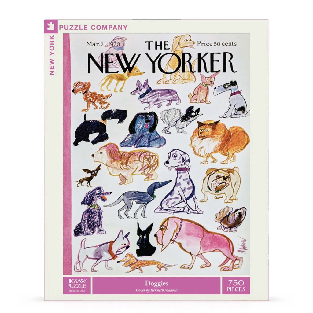 New York Puzzle Company 750 piece Doggies New Yorker cover jigsaw puzzle in box packaging, front view.