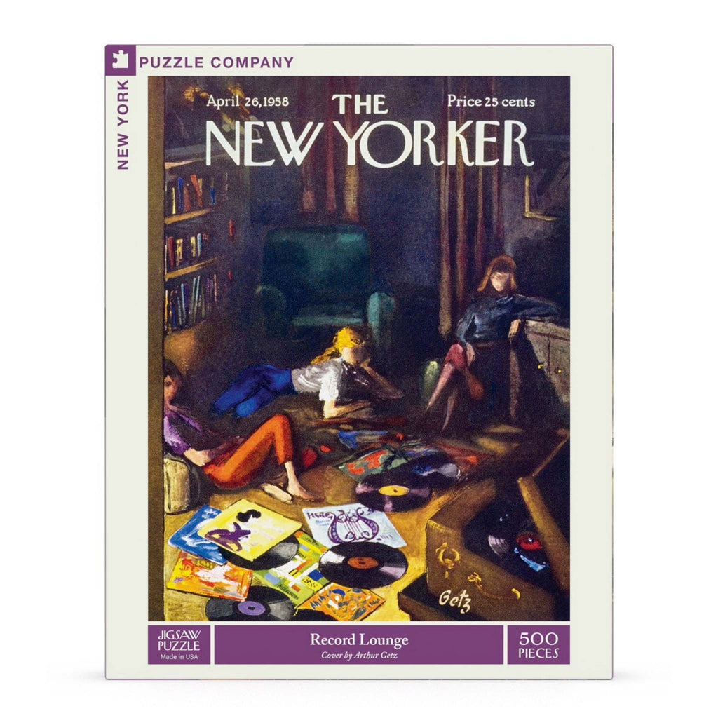 New York Puzzle Company 500 pieces Record Lounge New Yorker cover jigsaw puzzle in box packaging, front view.