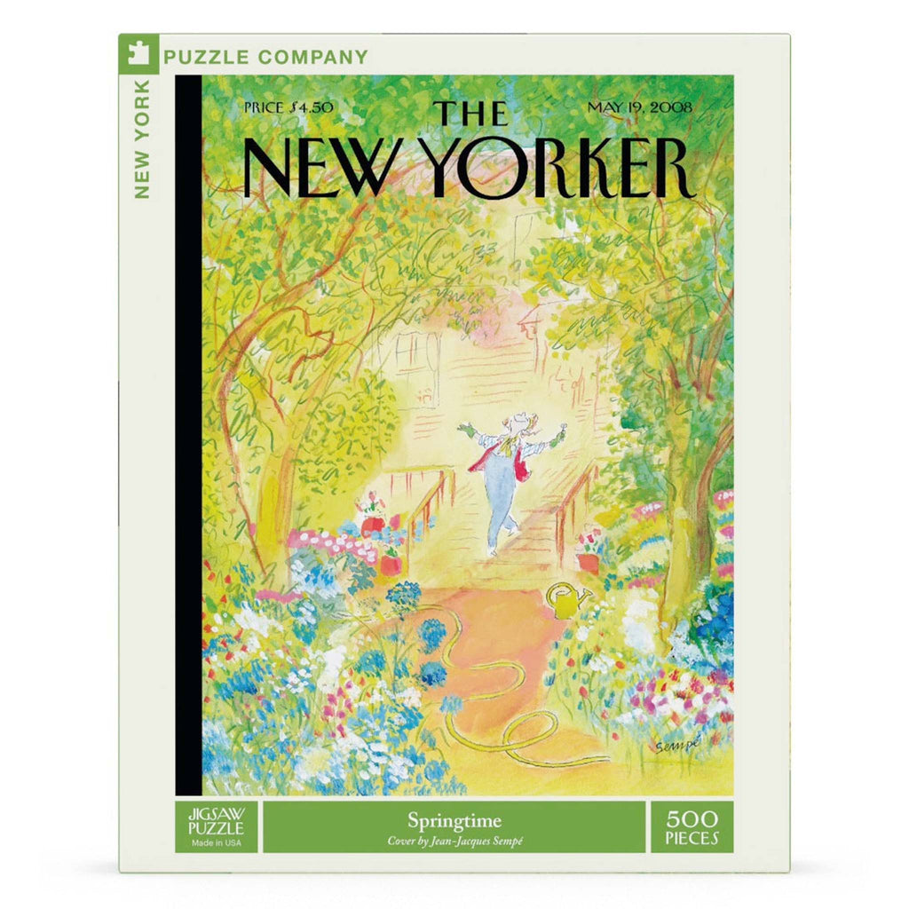 New York Puzzle Company 500 piece Springtime New Yorker cover jigsaw puzzle in box packaging, front view.