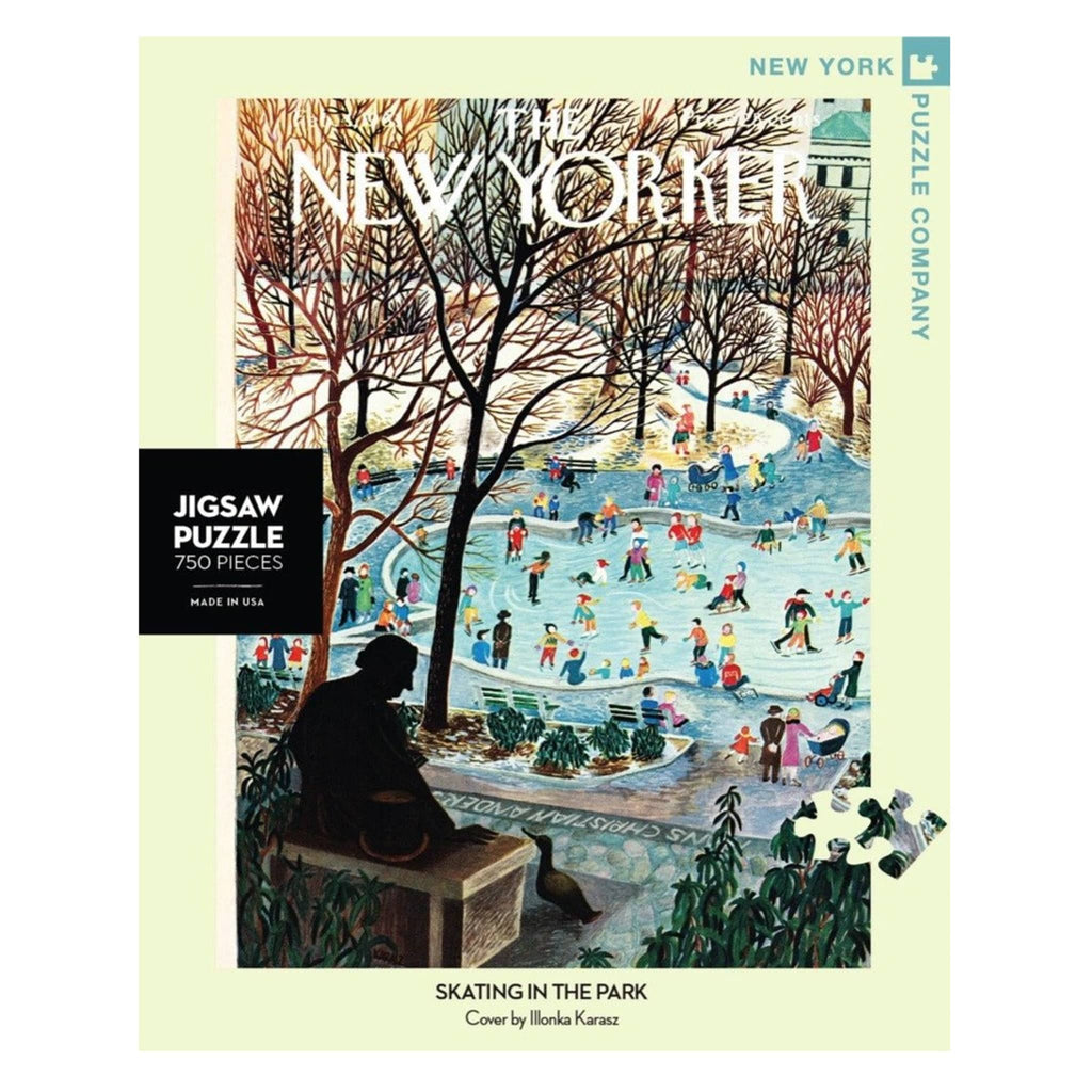 New York Puzzle Company 750 piece Skating in the Park New Yorker cover jigsaw puzzle in box packaging, front view.