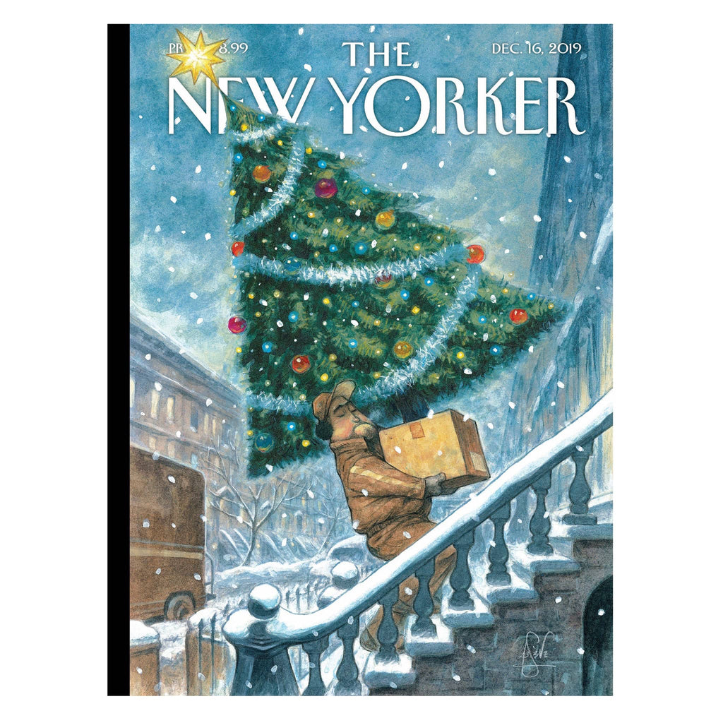 New Yorker magazine cover with a delivery person carrying a Christmas tree in the snow.