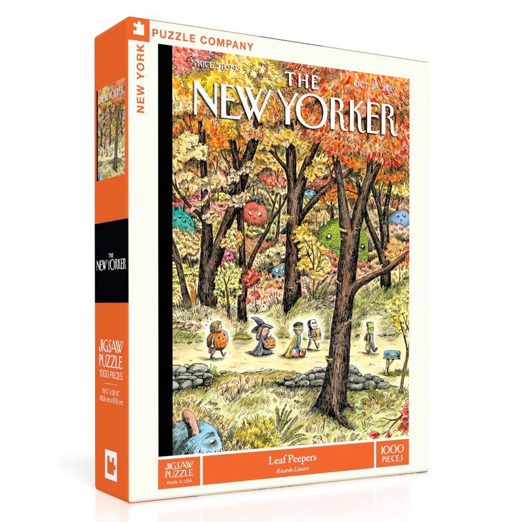Puzzle box featuring 'The New Yorker' magazine cover with autumn scene and people.