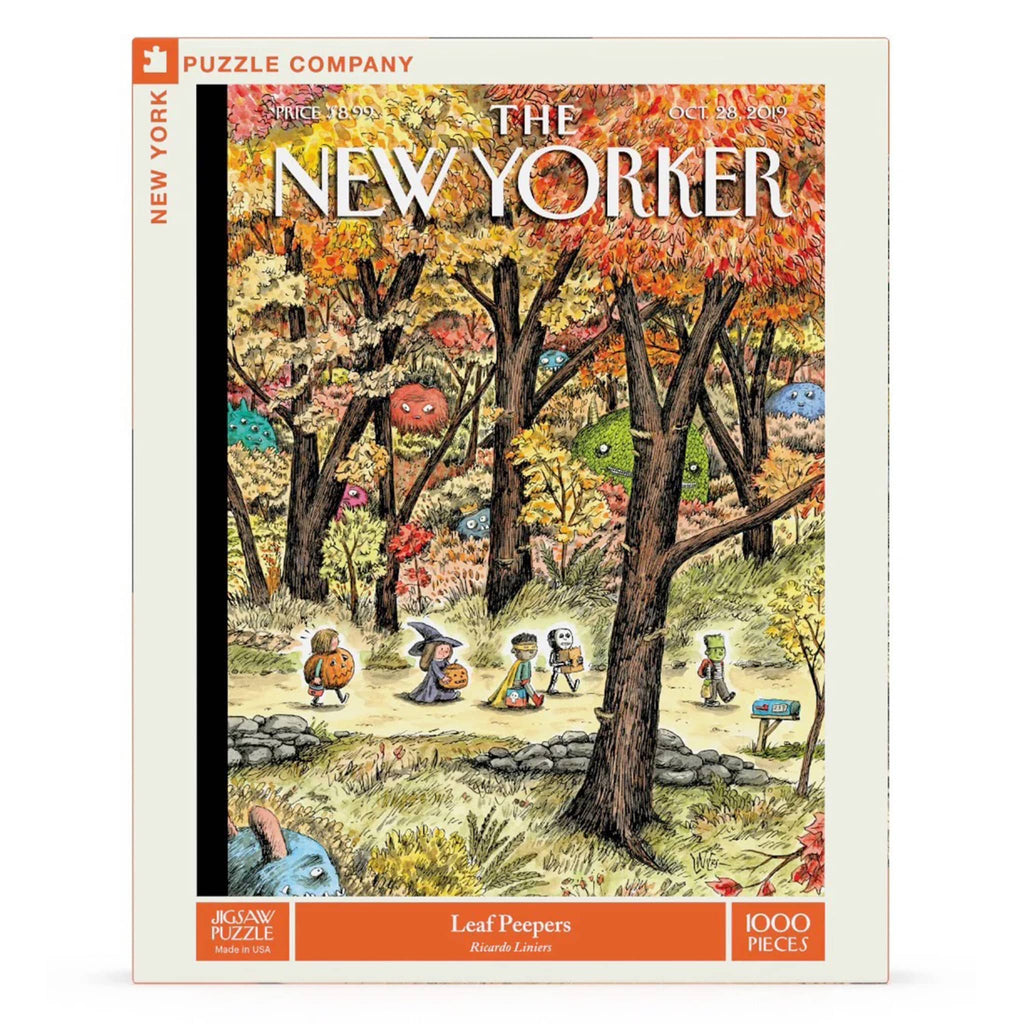 New York Puzzle Company puzzle box with 'The New Yorker' cover featuring autumn scene and people in costumes.