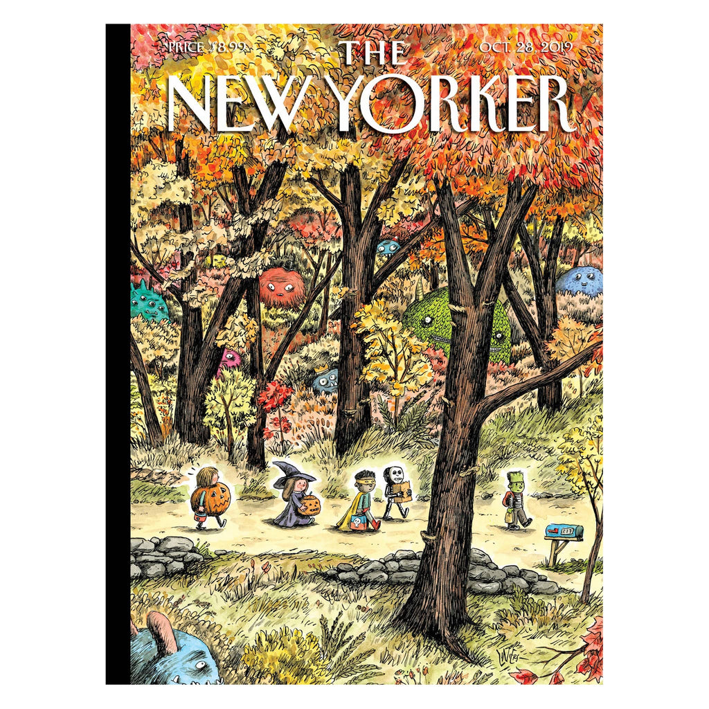 Cover of The New Yorker magazine featuring Halloween-themed illustration of children in a forest.