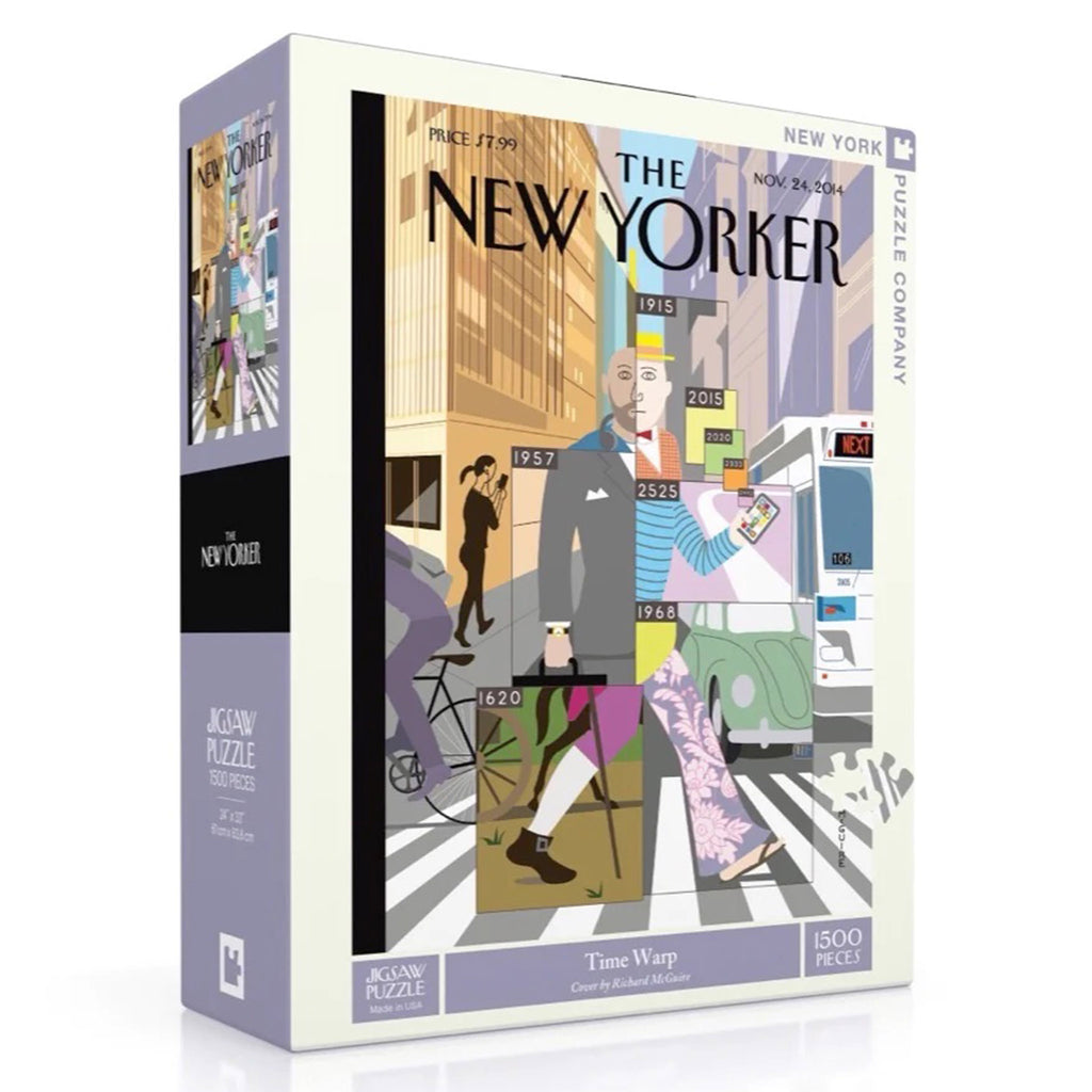 New York Puzzle Company 1500 piece Time Warp New Yorker cover jigsaw puzzle in box, front and side angle view.