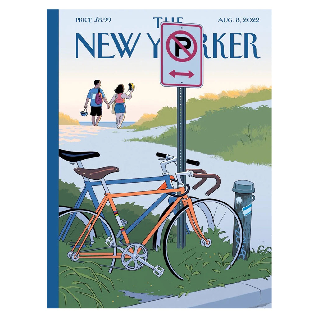 Original The New Yorker magazine cover illustration of  a couple holding hands lock and double park their bikes onto a signpost before heading down a path toward a beach.