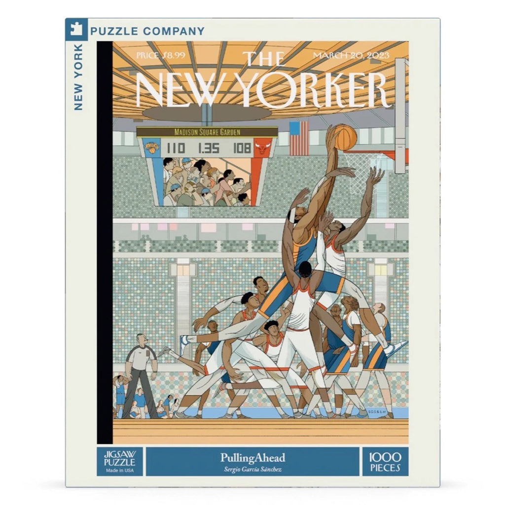 New York Puzzle Company 1000 piece Pulling Ahead basketball New Yorker cover jigsaw puzzle in box, front view.