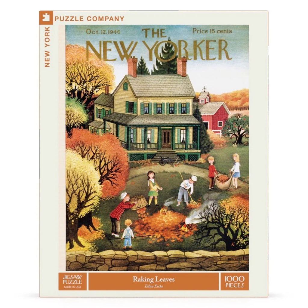 New York Puzzle Company 1000 piece Raking Leaves New Yorker cover jigsaw puzzle in box, front view.