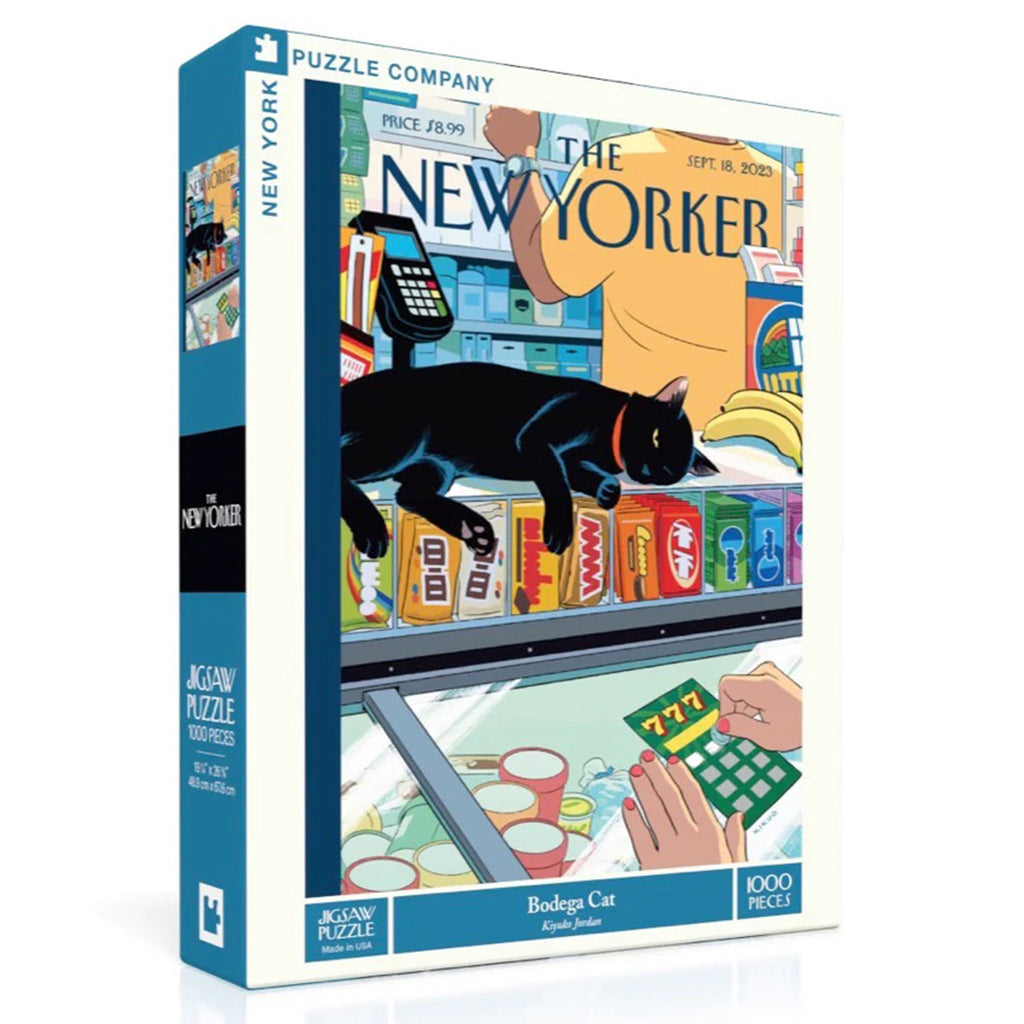 New York Puzzle Company, front and side angle of box for 1000 piece Bodega Cat jigsaw puzzle of a New Yorker magazine cover.