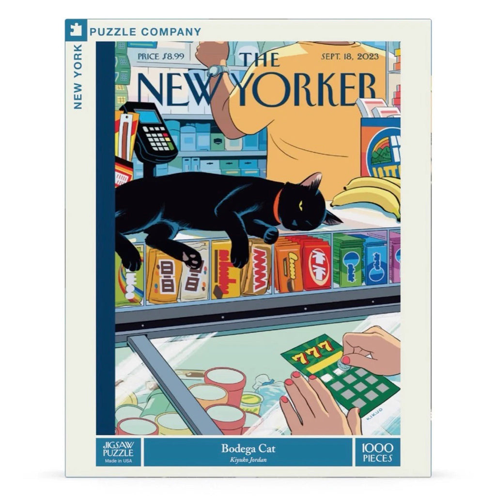 New York Puzzle Company, front of box for 1000 piece Bodega Cat jigsaw puzzle of a New Yorker magazine cover.